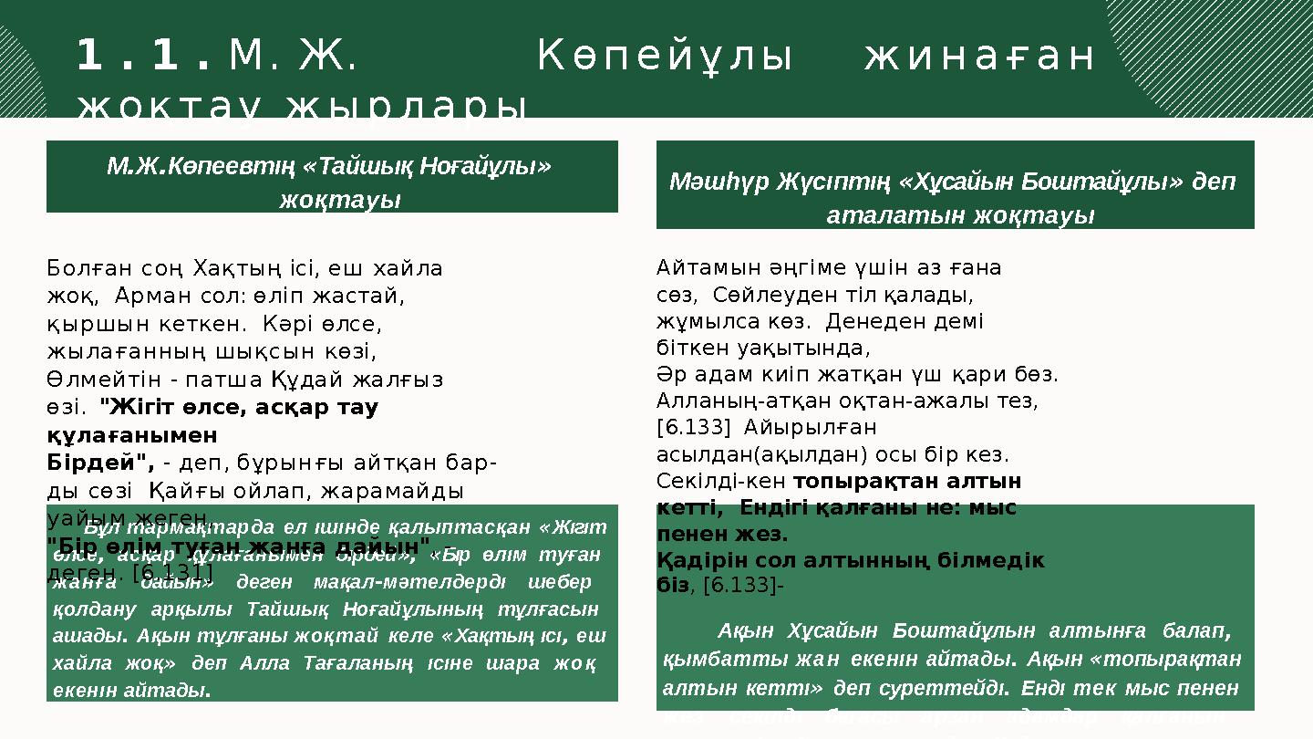 Мәшһүр Жүсıптıң «Хұсайын Боштайұлы» деп аталатын жоқтауы 1 . 1 . М. Ж. Көпейұлы жинаған жоқтау жырлары М.Ж.Көпеевтıң «Тайшық