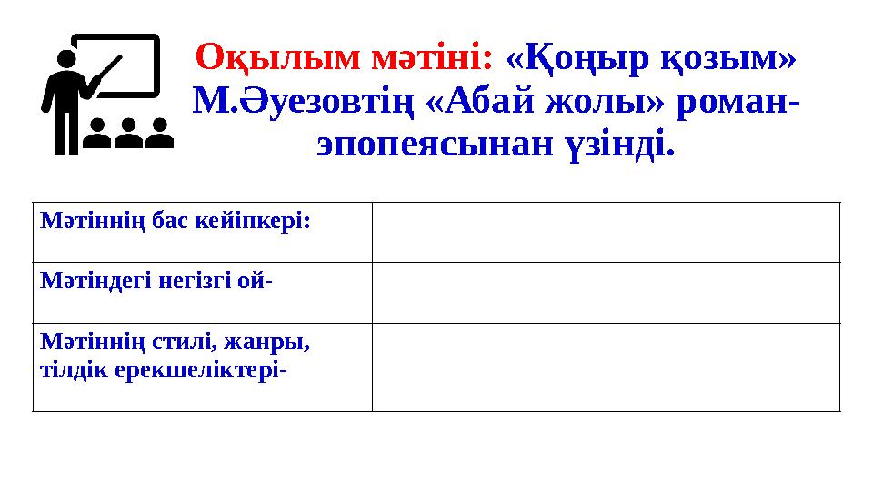 Оқылым мәтіні: «Қоңыр қозым» М.Әуезовтің «Абай жолы» роман- эпопеясынан үзінді. Мәтіннің бас кейіпкері: Мәтіндегі негізгі ой- Мә