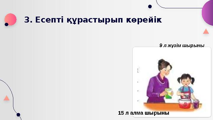 3. Есепті құрастырып көрейік 15 л алма шырыны 9 л жүзім шырыны