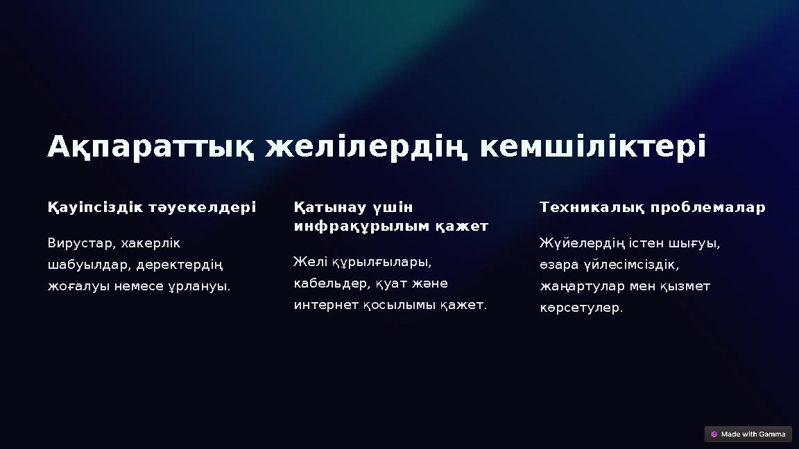 Ақпараттық желілердің кемшіліктері Қауіпсіздік тәуекелдері Вирустар, хакерлік шабуылдар, деректердің жоғалуы немесе ұрлануы.