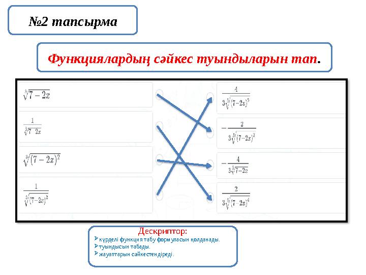 №2 тапсырма Функциялардың сәйкес туындыларын тап. Дескриптор: күрделі функция табу формуласын қолданады. туындысын табады