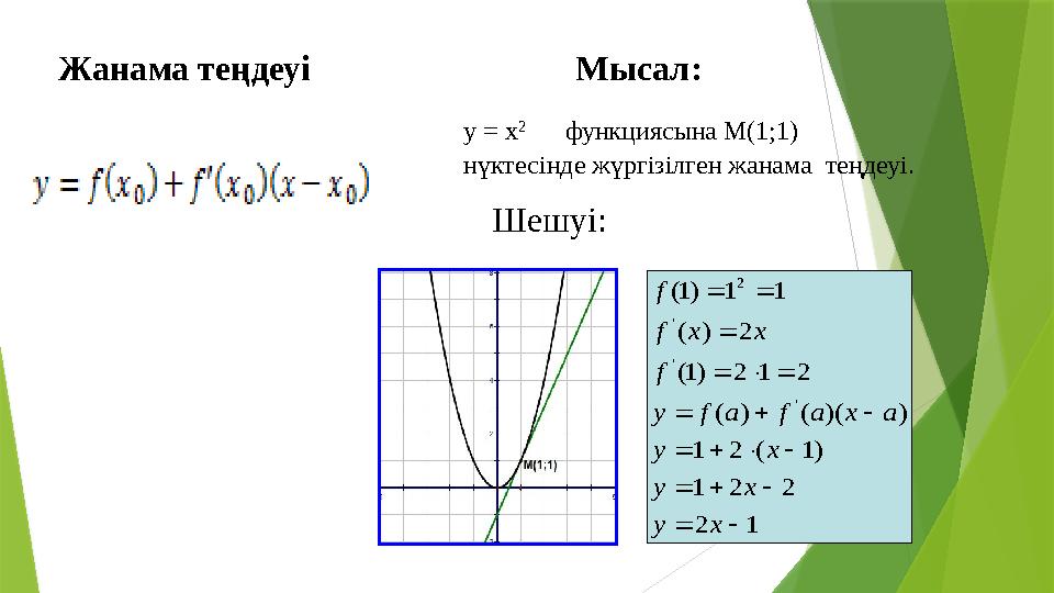 Жанама теңдеуі Мысал: y = x 2 функциясына M(1;1) нүктесінде жүргізілген жанама теңдеуі. 12 221 )1(21 )