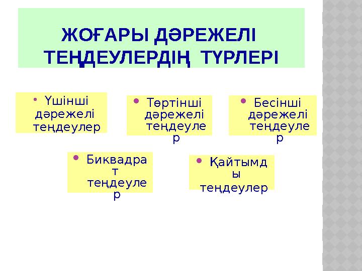 ЖОҒАРЫ ДӘРЕЖЕЛІ ТЕҢДЕУЛЕРДІҢ ТҮРЛЕРІ Үшінші дәрежелі теңдеулер Төртінші дәрежелі теңдеуле р Бесінші дәрежелі т