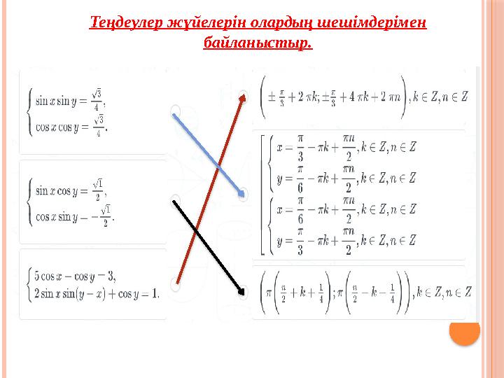 Теңдеулер жүйелерін олардың шешімдерімен байланыстыр.