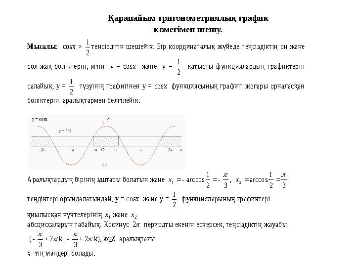 Мысалы: cosx > 2 1 теңсіздігін шешейік. Бір координаталық жүйеде теңсіздіктің оң және сол жақ бөліктерін, яғни y = cosx және