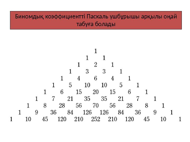 Биномдық коэффициентті Паскаль үшбұрышы арқылы оңай табуға болады