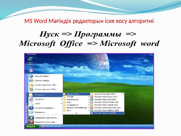 MS Word Мәтіндік редакторын іске косу алгоритмі