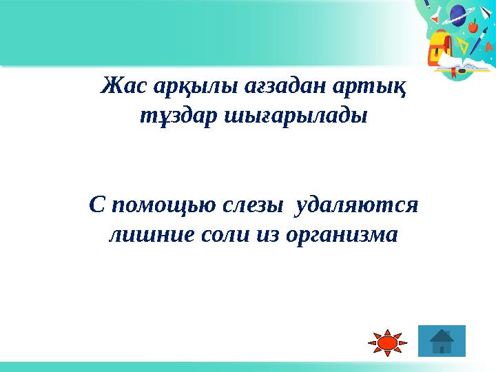 Жас арқылы ағзадан артық тұздар шығарылады С помощью слезы удаляются лишние соли из организма