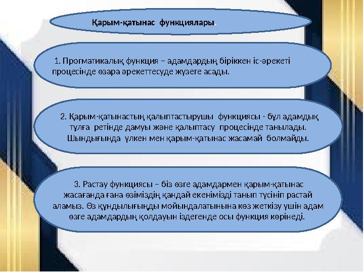 Қарым-қатынас функциялары. 1. Прогматикалық функция – адамдардың бiрiккен iс-әрекетi процесiнде өзара әрекеттесуде жүзеге асад