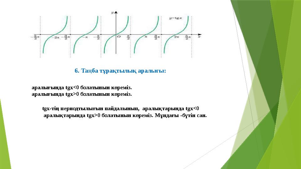 6. Таңба тұрақтылық аралығы: аралығында tgx<0 болатынын көреміз. аралығында tgx>0 болатынын көреміз.