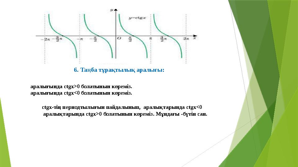 6. Таңба тұрақтылық аралығы: аралығында ctgx>0 болатынын көреміз. аралығында ctgx<0 болатынын көреміз.