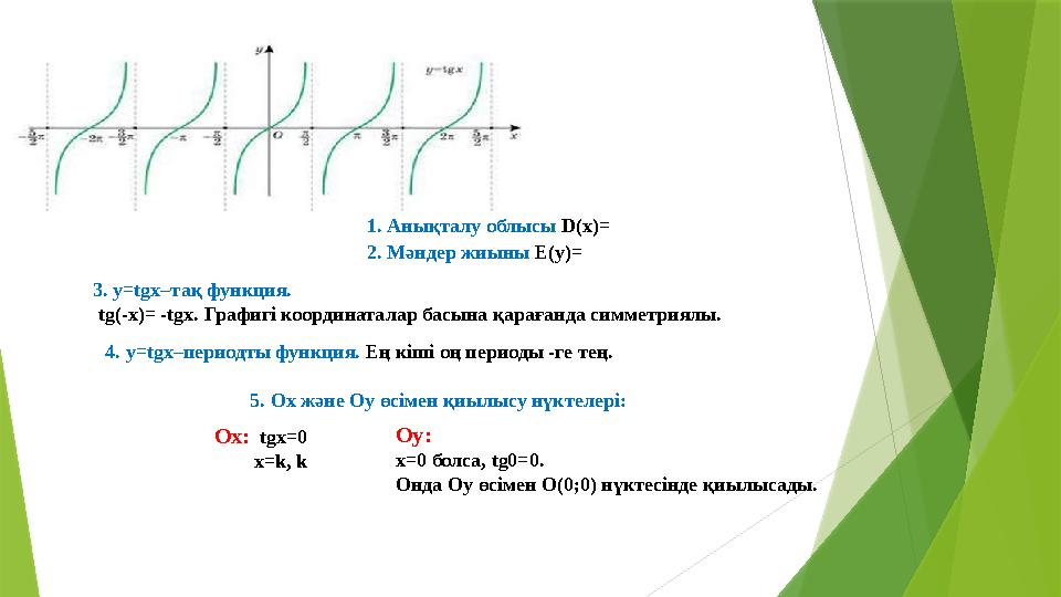 1. Анықталу облысы D(x)= 2. Мәндер жиыны E(y)= 3. y=tgx–тақ функция. tg(-x)= -tgx. Графигі координаталар басы