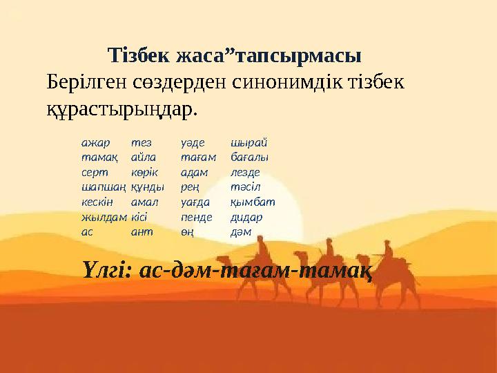 Тізбек жаса”тапсырмасы Берілген сөздерден синонимдік тізбек құрастырыңдар. ажартез уәде шырай тамақайла тағамбағалы серткөрікад