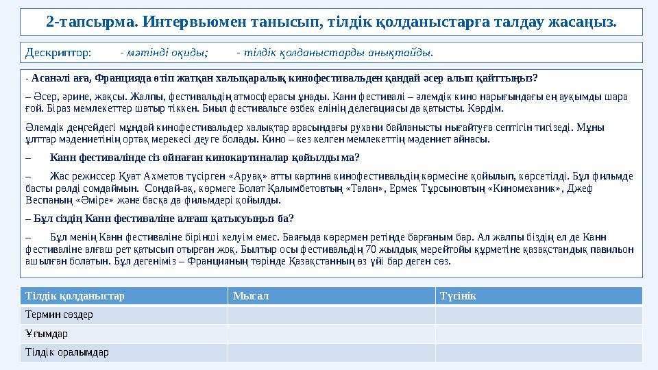 2-тапсырма. Интервьюмен танысып, тілдік қолданыстарға талдау жасаңыз. - Асанәлі аға, Францияда өтіп жатқан халықаралық кинофест