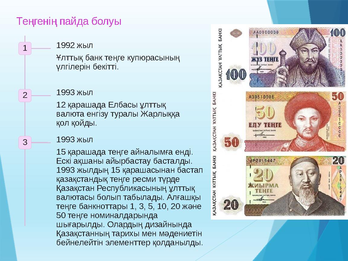 Теңгенің пайда болуы 1 1992 жыл Ұлттық банк теңге купюрасының үлгілерін бекітті. 2 1993 жыл 12 қарашада Елба