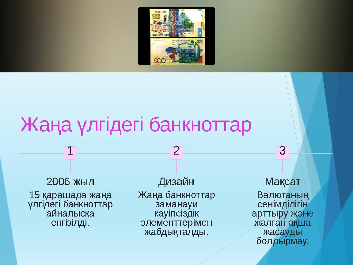 Жаңа үлгідегі банкноттар 1 2006 жыл 15 қарашада жаңа үлгідегі банкноттар айналысқа енгізілді. 2 Дизайн Жаңа