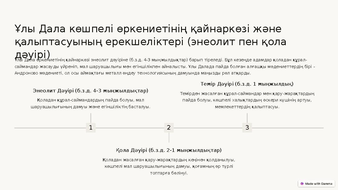 Ұлы Дала көшпелі өркениетінің қайнаркөзі және қалыптасуының ерекшеліктері (энеолит пен қола дәуірі) Ұлы Дала өркениетінің қайн