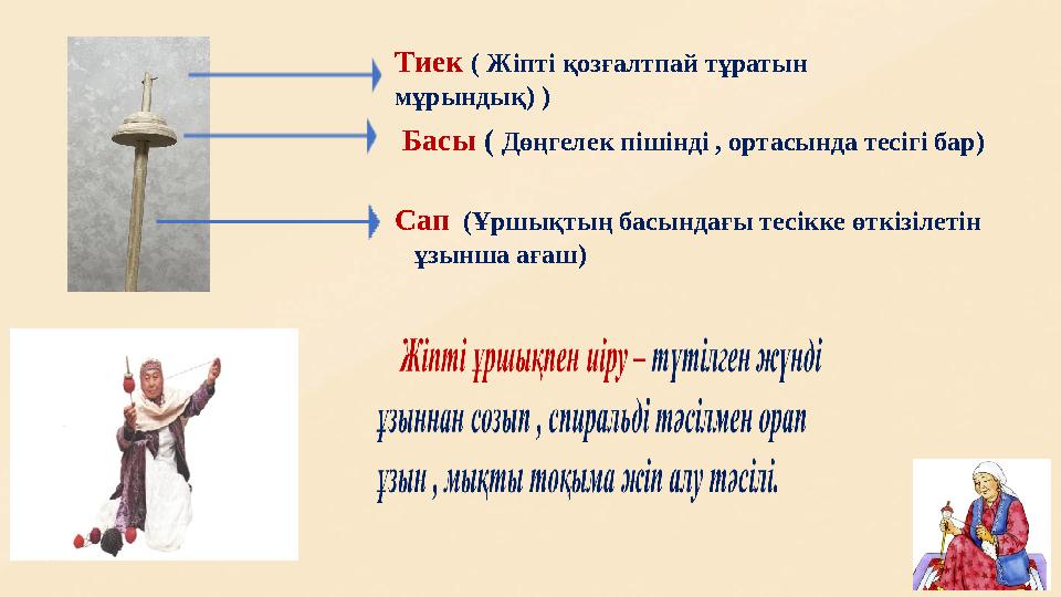 Басы ( Дөңгелек пішінді , ортасында тесігі бар) Сап (Ұршықтың басындағы тесікке өткізілетін ұзынша ағаш) Тиек ( Ж