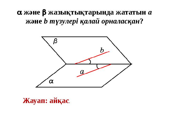 Жауап: айқас.  және  жазықтықтарында жататын a және b түзулері қалай орналасқан?