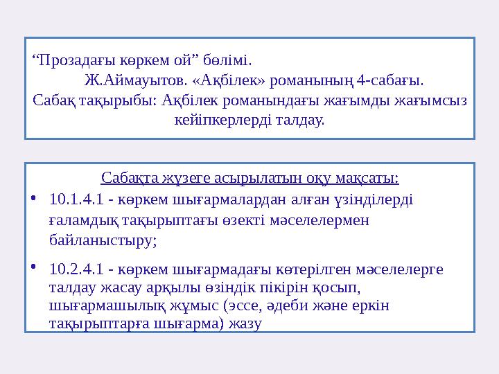 “Прозадағы көркем ой” бөлімі. Ж.Аймауытов. «Ақбілек» романының 4-сабағы