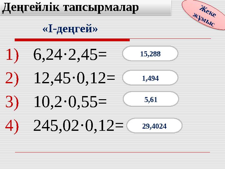 1)6,24·2,45= 2)12,45·0,12= 3)10,2·0,55= 4)245,02·0,12= Деңгейлік тапсырмалар Ж е к е ж ұ м ы с «I-деңгей» 15,288 1,494 5,61