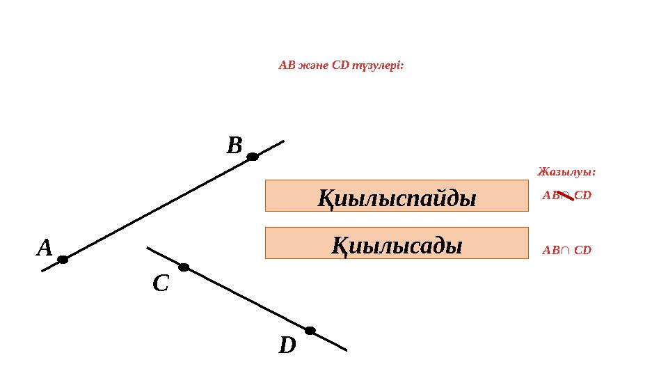 АВ және СD түзулері: А В С D Қиылыспайды Қиылысады ABÇ CD ABÇ CD Жазылуы: