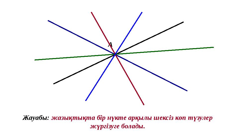 А Жауабы: жазықтықта бір нүкте арқылы шексіз көп түзулер жүргізуге болады.