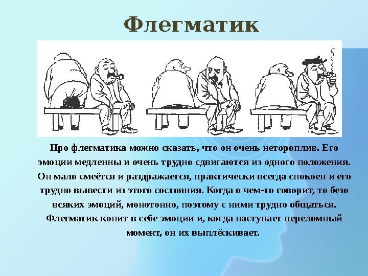 Про флегматика можно сказать, что он очень нетороплив. Его эмоции медленны и очень трудно сдвигаются из одного положения. Он м