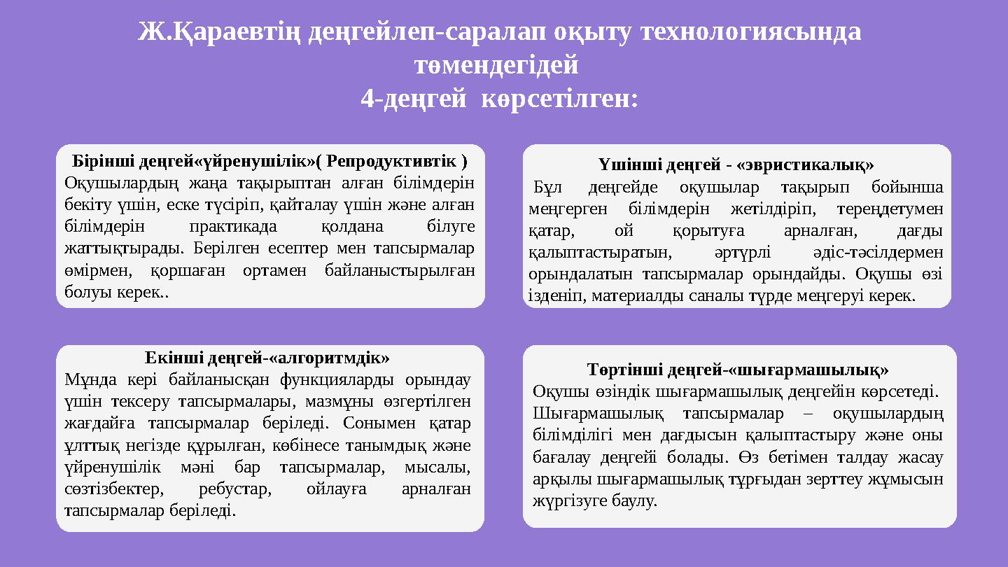 Ж.Қараевтің деңгейлеп-саралап оқыту технологиясында төмендегідей 4-деңгей көрсетілген: Бірінші деңгей«үйренушілік»( Репродукт