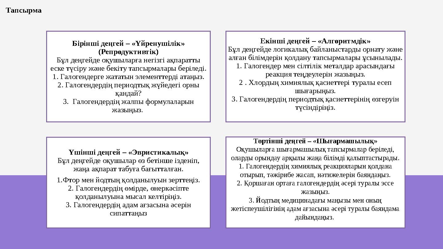 Бірінші деңгей – «Үйренушілік» (Репродуктивтік) Бұл деңгейде оқушыларға негізгі ақпаратты еске түсіру және бекіту тапсырмалары