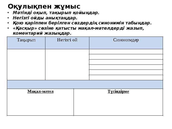 Оқулықпен жұмыс •Мәтінді оқып, тақырып қойыңдар. •Негізгі ойды анықтаңдар. •Қою қаріппен берілген сөздердің синонимін табы