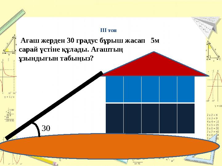 III топ Ағаш жерден 30 градус бұрыш жасап 5м сарай үстіне құлады. Ағаштың ұзындығын табыңыз? 30