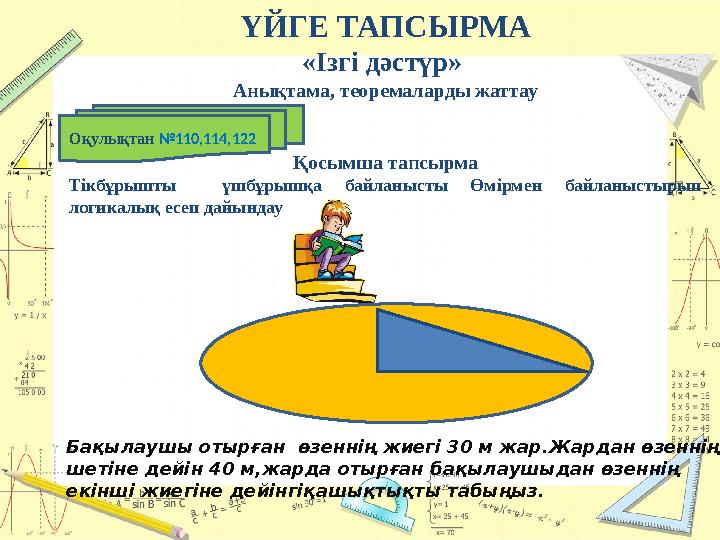 ҮЙГЕ ТАПСЫРМА «Ізгі дәстүр» Анықтама, теоремаларды жаттау Қосымша тапсырма Тікбұрышты үшбұрышқа байланысты Өмірмен байланыстыры