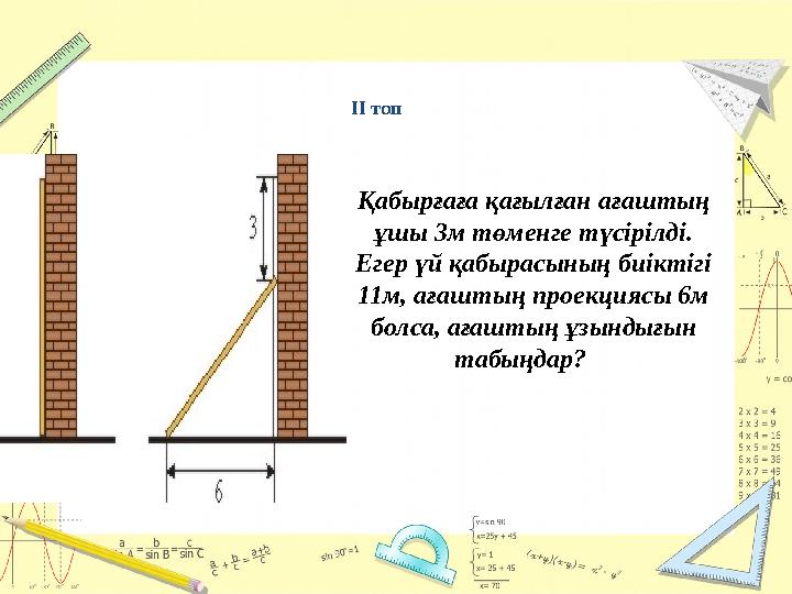 II топ Қабырғаға қағылған ағаштың ұшы 3м төменге түсірілді. Егер үй қабырасының биіктігі 11м, ағаштың проекциясы 6м болса, а