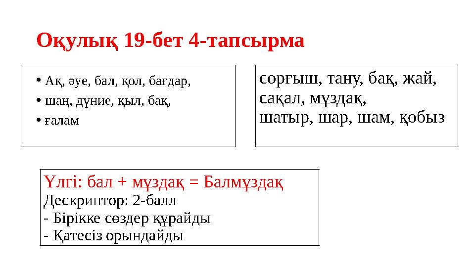 Оқулық 19-бет 4-тапсырма •Ақ, әуе, бал, қол, бағдар, •шаң, дүние, қыл, бақ, •ғалам сорғыш, тану, бақ, жай, сақал, мұздақ, шатыр