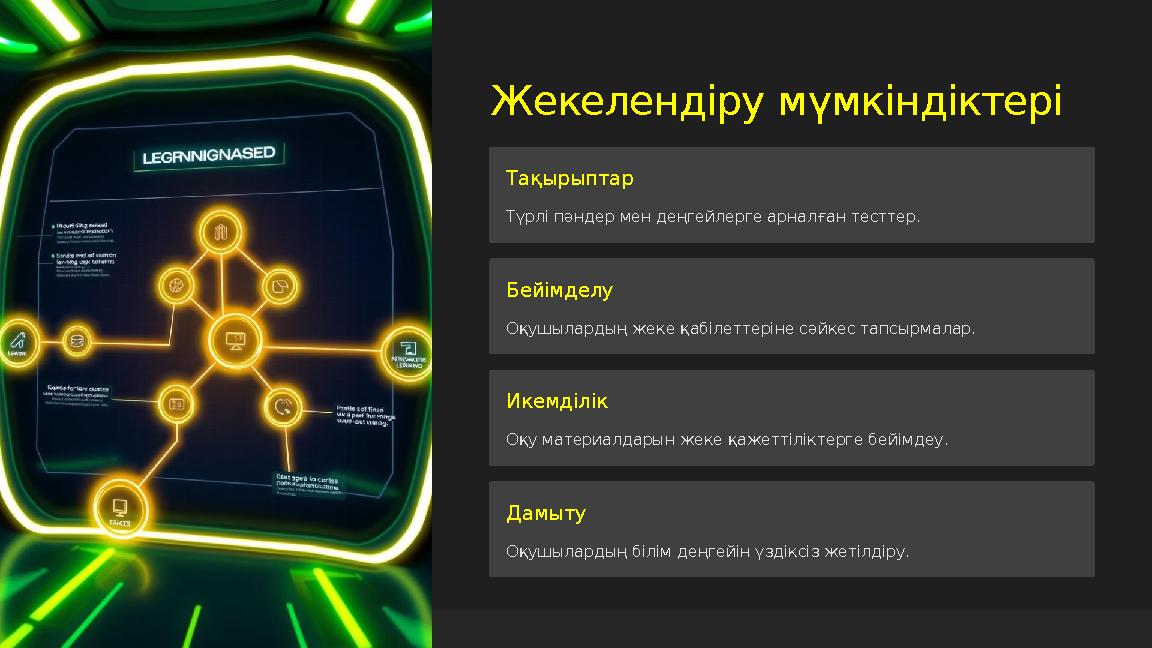 Жекелендіру мүмкіндіктері Тақырыптар Түрлі пәндер мен деңгейлерге арналған тесттер. Бейімделу Оқушылардың жеке қабілеттеріне сәй