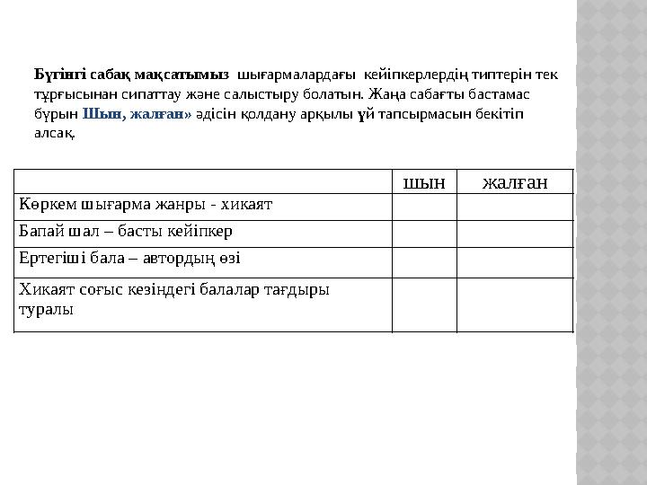 шын жалған Көркем шығарма жанры - хикаят Бапай шал – басты кейіпкер Ертегіші бала – автордың өзі Хикаят соғыс кезіндегі