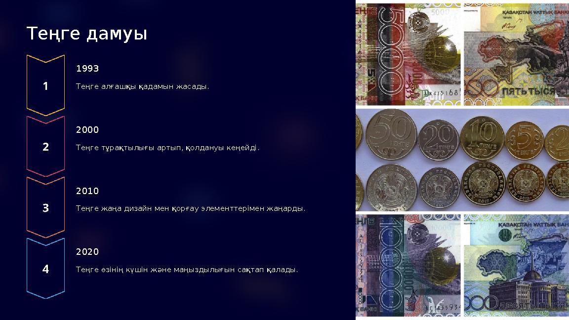 Теңге дамуы 1993 Теңге алғашқы қадамын жасады. 2000 Теңге тұрақтылығы артып, қолдануы кеңейді. 2010 Теңге жаңа дизайн мен қорға