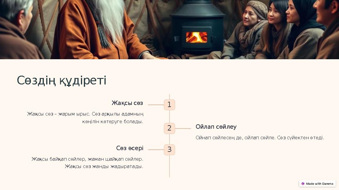 Сөздің құдіреті 1 Жақсы сөз Жақсы сөз – жарым ырыс. Сөз арқылы адамның көңілін көтеруге болады. 2 Ойлап сөйлеу Ойнап сөйлесең д