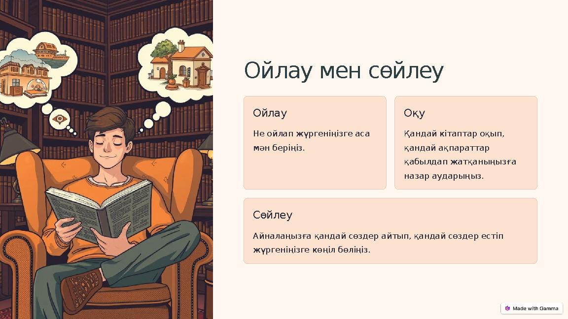 Ойлау мен сөйлеу Ойлау Не ойлап жүргеніңізге аса мән беріңіз. Оқу Қандай кітаптар оқып, қандай ақпараттар қабылдап жатқаныңыз