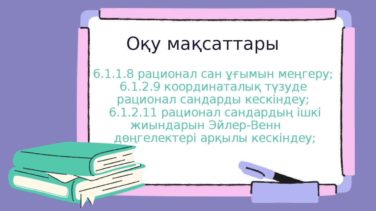 6.1.1.8 рационал сан ұғымын меңгеру; 6.1.2.9 координаталық түзуде рационал сандарды кескіндеу; 6.1.2.11 рационал сандардың ішк