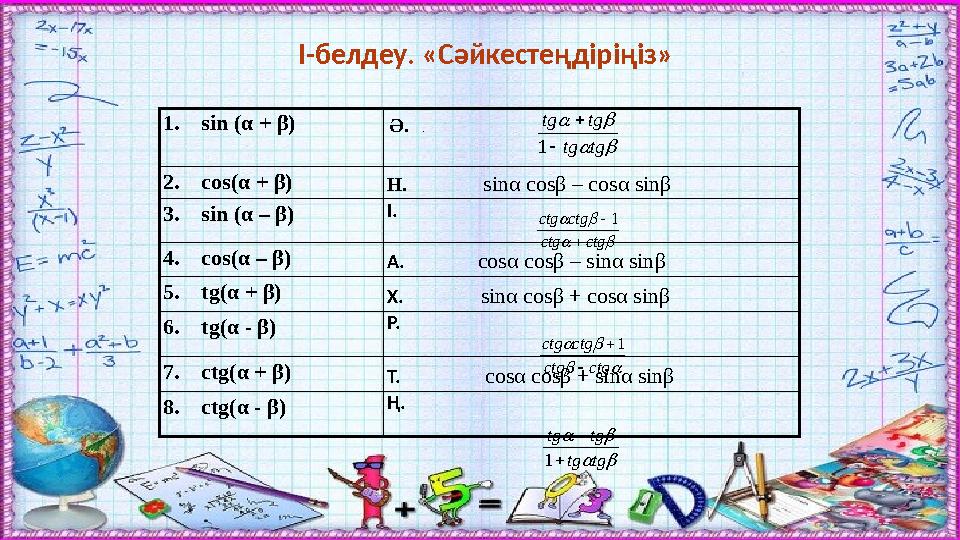 І-белдеу. «Сәйкестеңдіріңіз» 1. sin (α + β) Ә. . 2. cos(α + β) Н. sinα cosβ – cosα sinβ 3. sin (α –