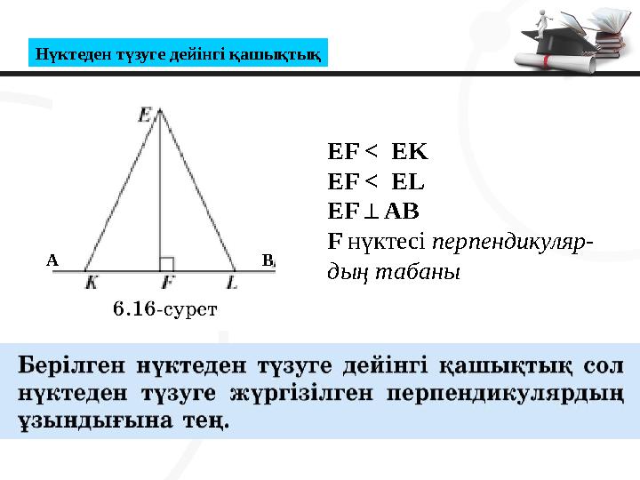 А В EF < EK EF < EL EF AB ⊥ F нүктесі перпендикуляр- дың табаны Нүктеден түзуге дейінгі қашықтық