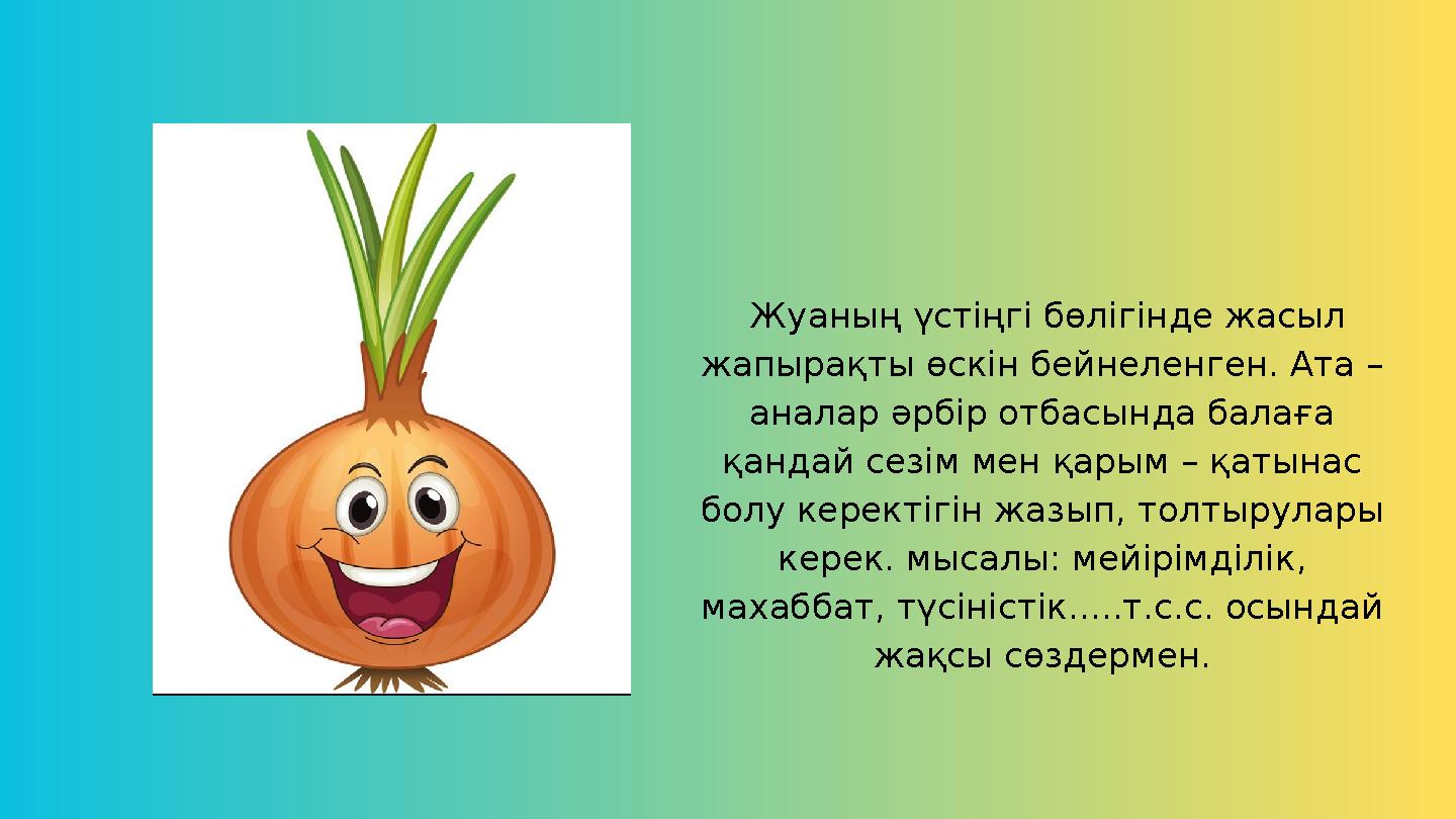 Жуаның үстіңгі бөлігінде жасыл жапырақты өскін бейнеленген. Ата – аналар әрбір отбасында балаға қандай сезім мен қарым – қаты