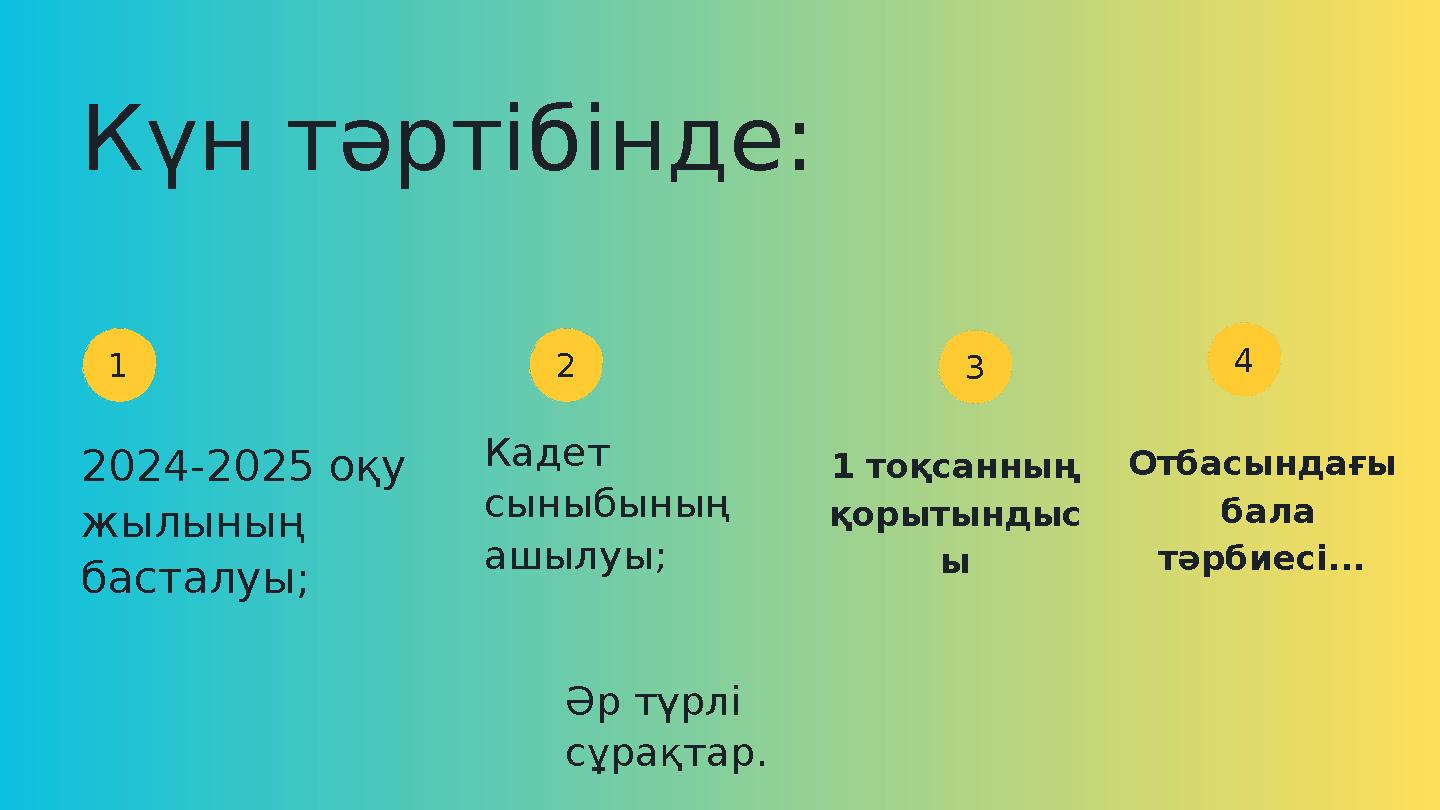 Күн тәртібінде: 2024-2025 оқу жылының басталуы; Кадет сыныбының ашылуы; Әр түрлі сұрақтар. 1 2 3 Отбасындағы бала тәрбиес