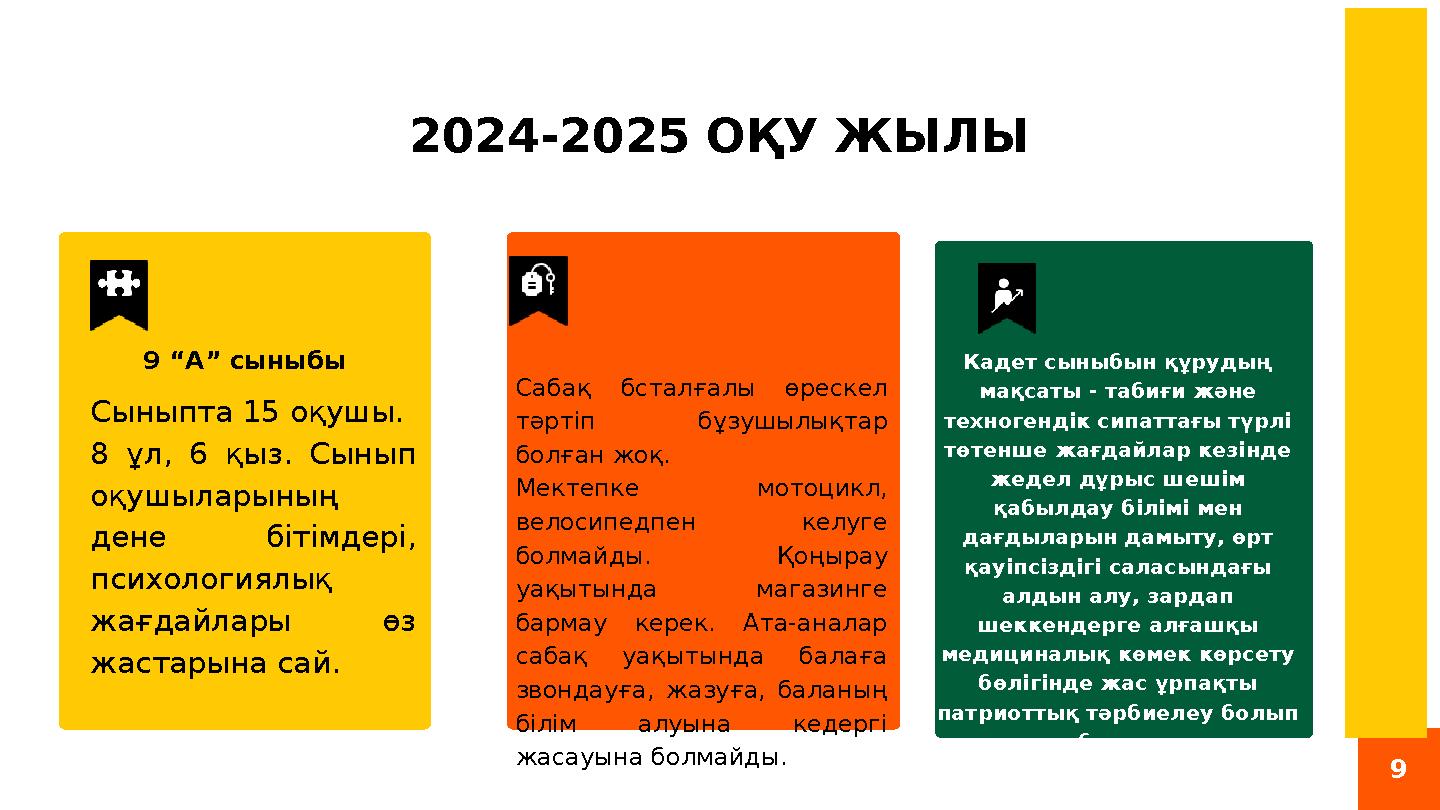 9 2024-2025 ОҚУ ЖЫЛЫ Сыныпта 15 оқушы. 8 ұл, 6 қыз. Сынып оқушыларының дене бітімдері, психологиялық жағдайлары өз жастар