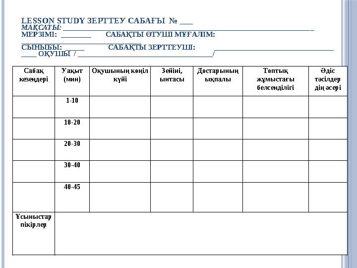 LESSON STUDY ЗЕРТТЕУ САБАҒЫ № ___ МАҚСАТЫ: _________________________________