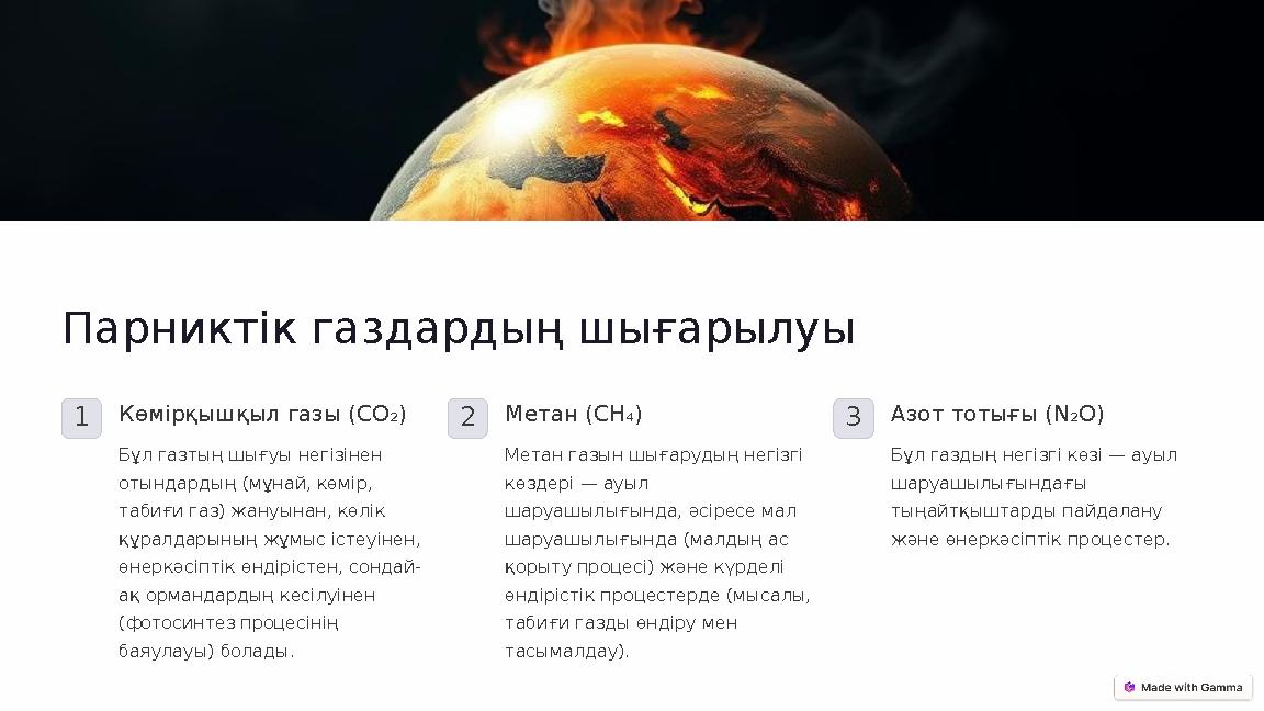 Парниктік газдардың шығарылуы 1Көмірқышқыл газы (CO₂) Бұл газтың шығуы негізінен отындардың (мұнай, көмір, табиғи газ) жануын