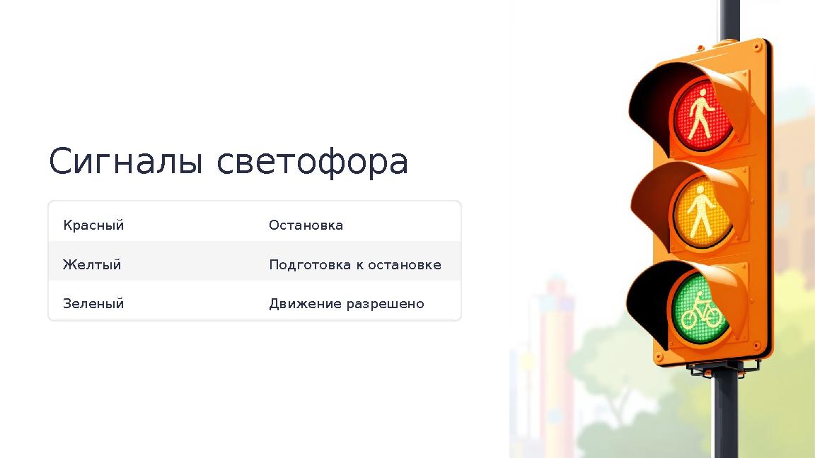 Сигналы светофора Красный Остановка Желтый Подготовка к остановке Зеленый Движение разрешено