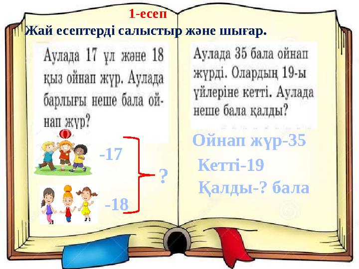 1-есеп Жай есептерді салыстыр және шығар. -17 -18 ? Ойнап жүр-35 Кетті-19 Қалды-? бала